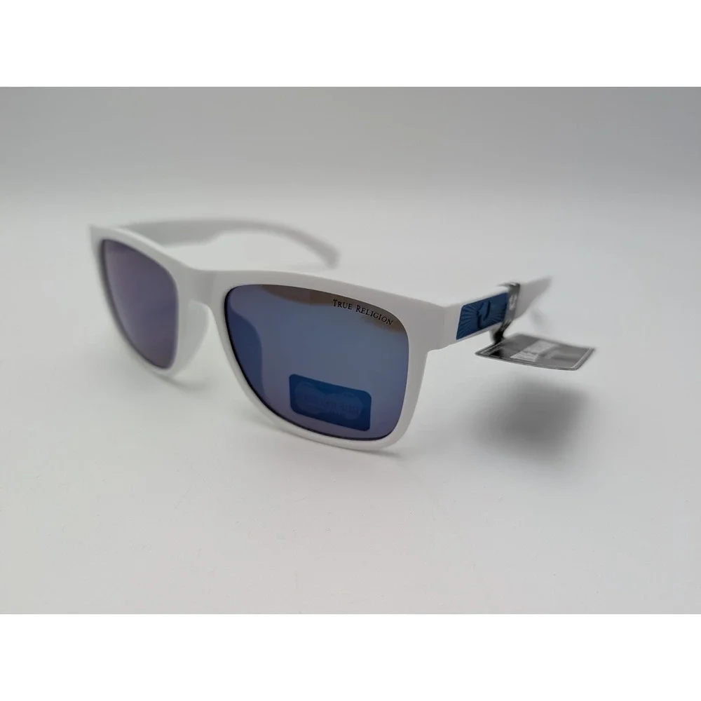 True Religion Men's White Sunglasses with Blue Mirrored‎ Lenses Logo NWT